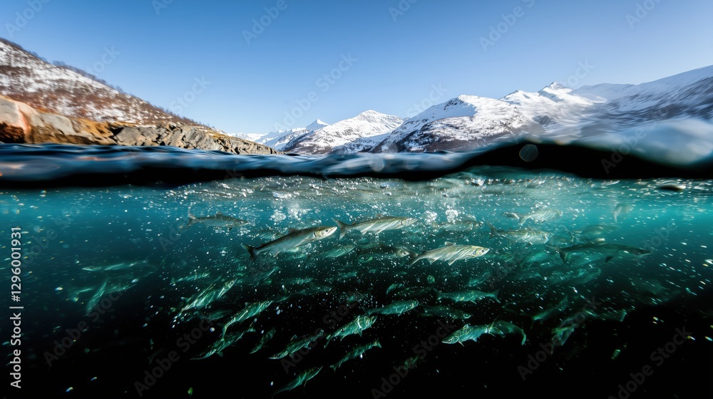 A split-view of salmon swimming in clear Arctic waters with snowy mountains in the background. Perfect for themes of aquaculture and nature. Generative by Ai