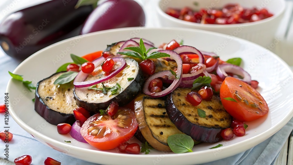 Roasted Mediterranean Vegetable Salad with Aubergine, Red Onion, Tomatoes & Pomegranate Roasted Mediterranean Vegetable Salad with Aubergine, Red Onion, Tomatoes & Pomegranate