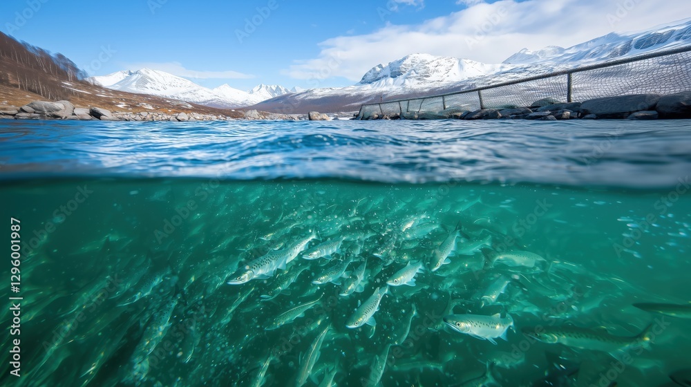A split-view of salmon swimming in clear Arctic waters with snowy mountains in the background. Perfect for themes of aquaculture and nature. Generative by Ai