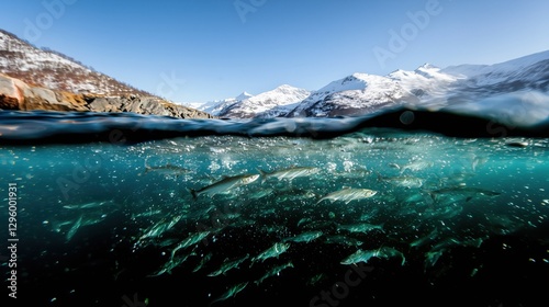 Obraz na płótnie A split-view of salmon swimming in clear Arctic waters with snowy mountains in the background. Perfect for themes of aquaculture and nature. Generative by Ai w salonie