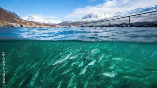 Obraz na płótnie A split-view of salmon swimming in clear Arctic waters with snowy mountains in the background. Perfect for themes of aquaculture and nature. Generative by Ai w salonie