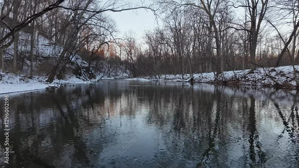 Aerial view of calm river winter scene, Ohio Aerial view of calm river winter scene, Ohio