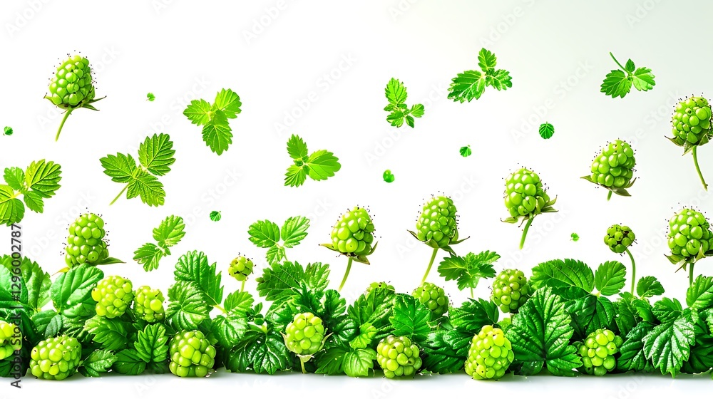 Fototapeta premium A collection of raspberries gently tumbling out of a tipped-over container with green leaves scattered around isolated on white