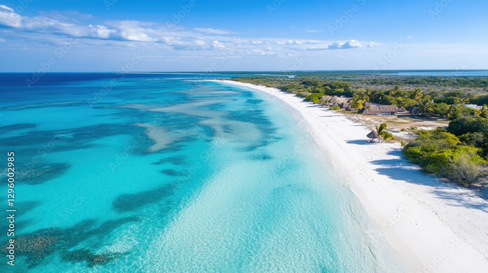 Fototapeta premium Serene beach landscape tropical paradise aerial view tranquil ocean vibes coastal beauty nature's splendor