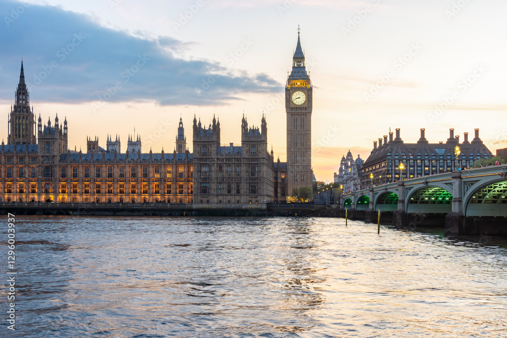 Fototapeta premium Big Ben tower of Houses of Parliament at sunset, London, UK