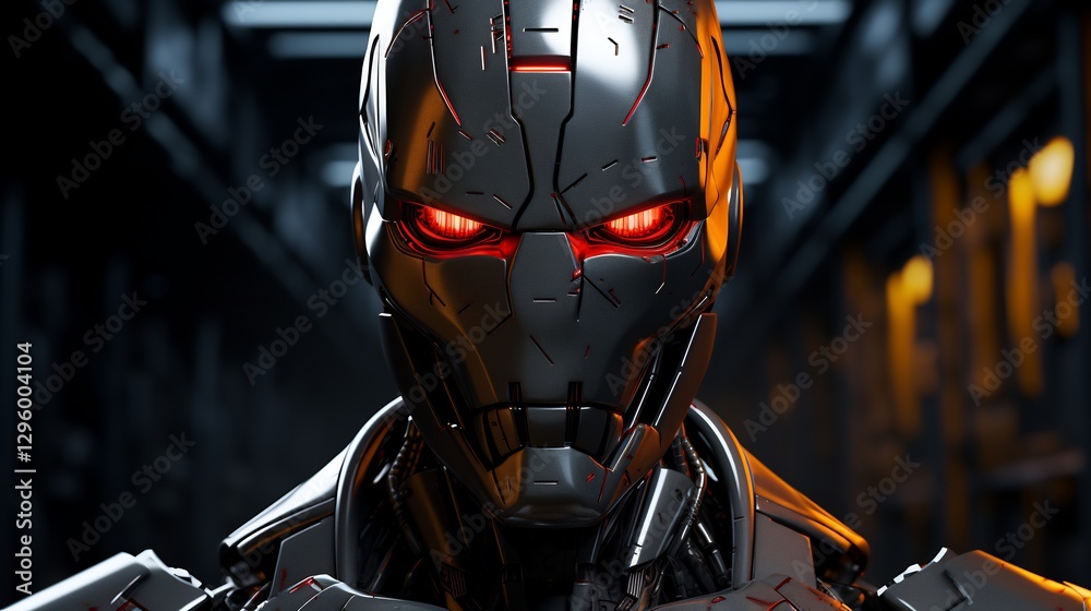 Close-Up Metallic Terminator Robot With Red Eyes