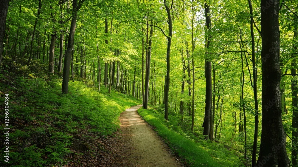 Walkway in a green spring beech forest beautiful, landscape Walkway in a green spring beech forest beautiful, landscape