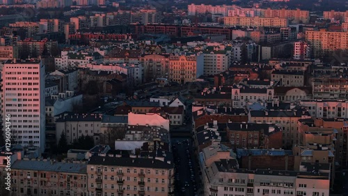 Aerial establishing reveal of Warsaw Praga district, 70s and 80s residential building architecture infrastructure