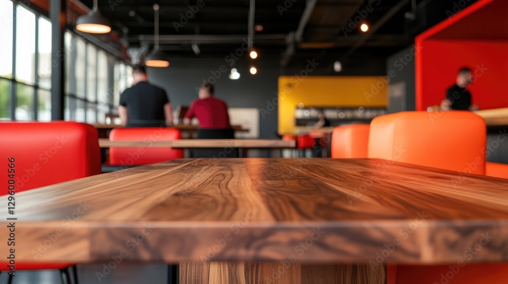 Obraz premium Warm wooden table contrasts with vibrant seating in modern dinin