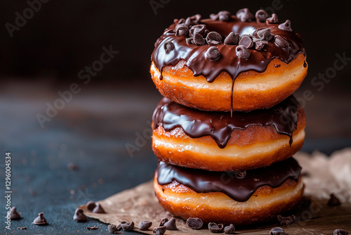 lucious donuts stacked on top of each other they are dark chocolate slightly melting, food photography photo