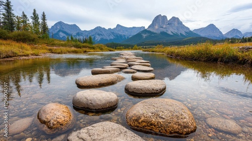 Serene Rocky Landscape with Stone Pathway Across Calm Water