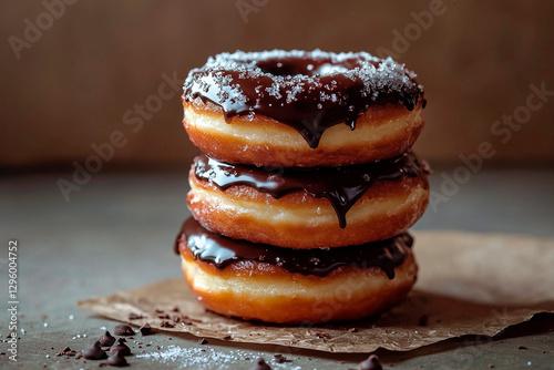 lucious donuts stacked on top of each other they are dark chocolate slightly melting, food photography photo