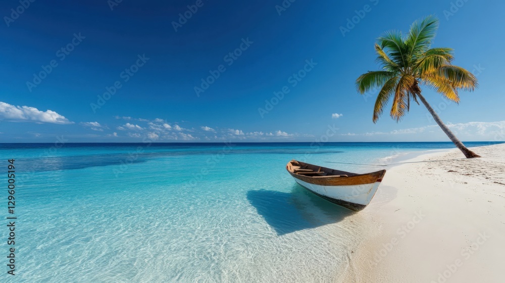 Naklejka premium Tranquil beach scene with boat and palm tree tropical paradise nature photography serene ocean wide angle relaxation concept
