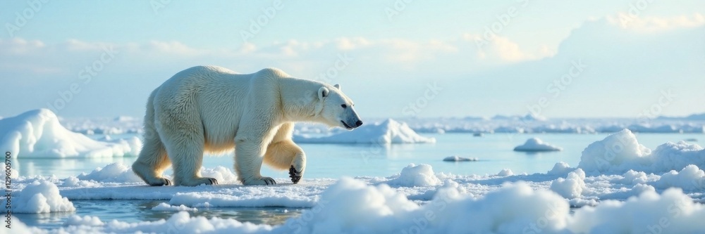 Polar bear walking on icy landscape at South Pole, frozen tundra, penguin, icy landscape Polar bear walking on icy landscape at South Pole, frozen tundra, penguin, icy landscape