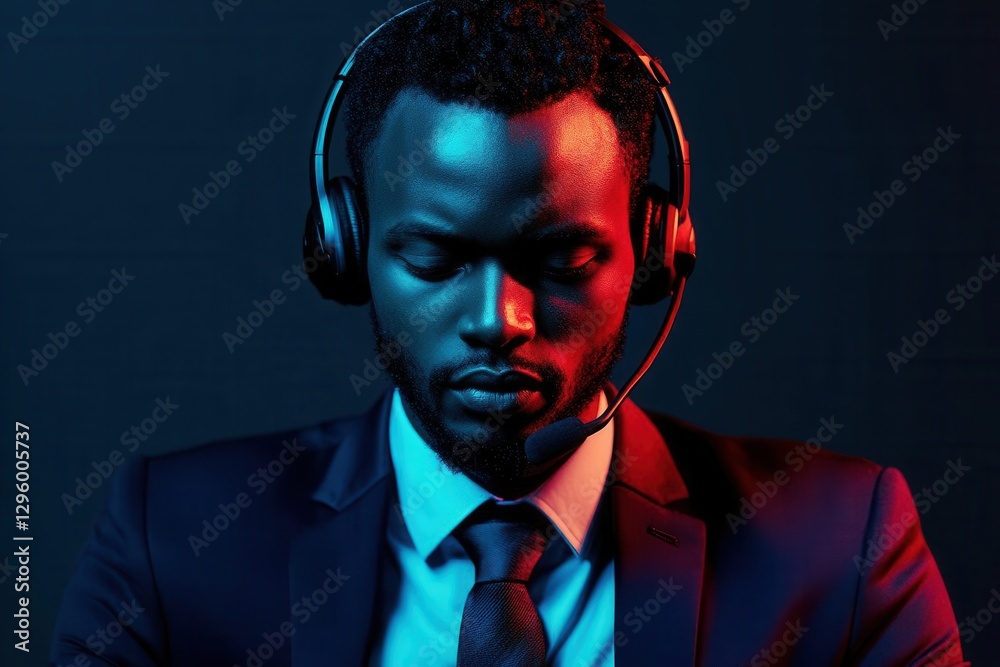 Fototapeta premium focused call center agent in a sharp suit, headset on, cool blue screen glow, modern office, soft shadows, exuding professionalism and client care.