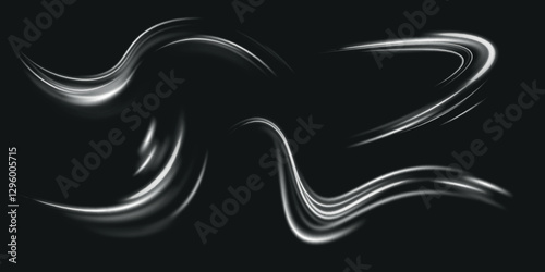 Set of abstract light lines of movement and speed. Realistic set of snow storm or wind swirls isolated on dark  background.