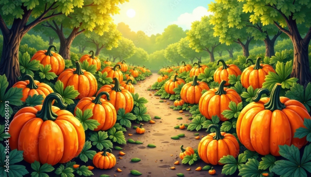 Pumpkin patch illustrations in vibrant orange hues with black vines and greenery background, illustration, spooky, autumn Pumpkin patch illustrations in vibrant orange hues with black vines and greenery background, illustration, spooky, autumn