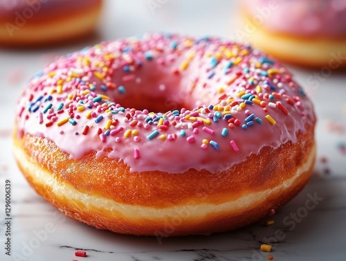 Frischer Donut mit pinker Glasur und bunten Streuseln
