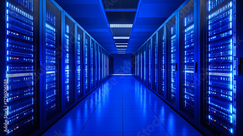 Blue Corridor in Data Center with Servers