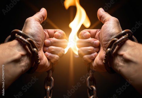 Hands Breaking Free from Chains with Flames in Dark Background