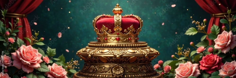 Obraz premium Regal crown atop ornate, golden pedestal amidst intricate floral patterns and lavish foliage , golden swirls, ornate background, royal crest