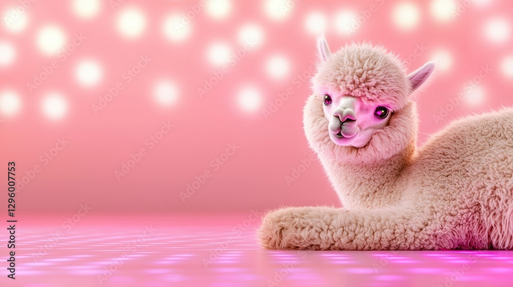 Fototapeta premium A cute, fluffy alpaca rests on a vibrant pink background adorned with soft glowing lights, exuding a playful and charming ambiance.