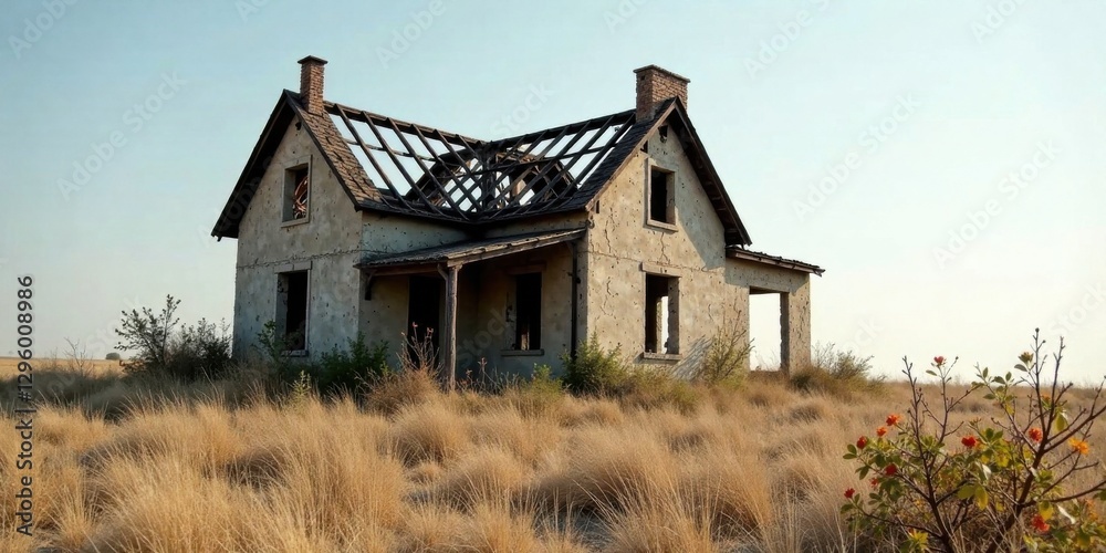 A dilapidated farmhouse stands solitary in a field of tall, dry grass, its roof collapsed, windows shattered, and walls crumbling, a testament to time and neglect A dilapidated farmhouse stands solitary in a field of tall, dry grass, its roof collapsed, windows shattered, and walls crumbling, a testament to time and neglect