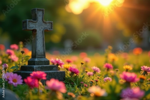 Serene Sunset Memorial A Stone Cross Stands Amidst a Field of Blossoming Flowers at Golden Hour