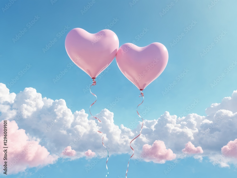Fototapeta premium Two pink heart balloons float in a cloudy blue sky