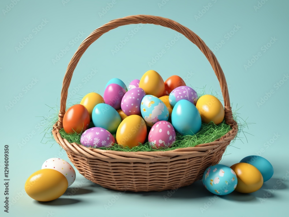 Naklejka premium Wicker basket filled with painted easter egg on green grass