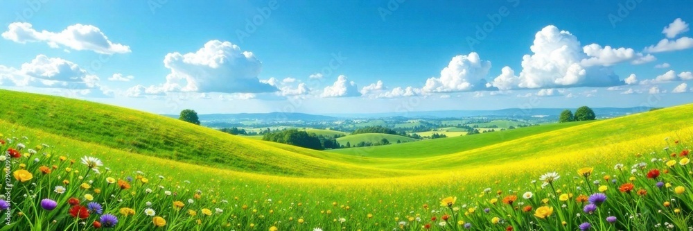 Fototapeta premium Rolling hills with wildflowers, blue sky and fluffy clouds, clouds, landscape, sky