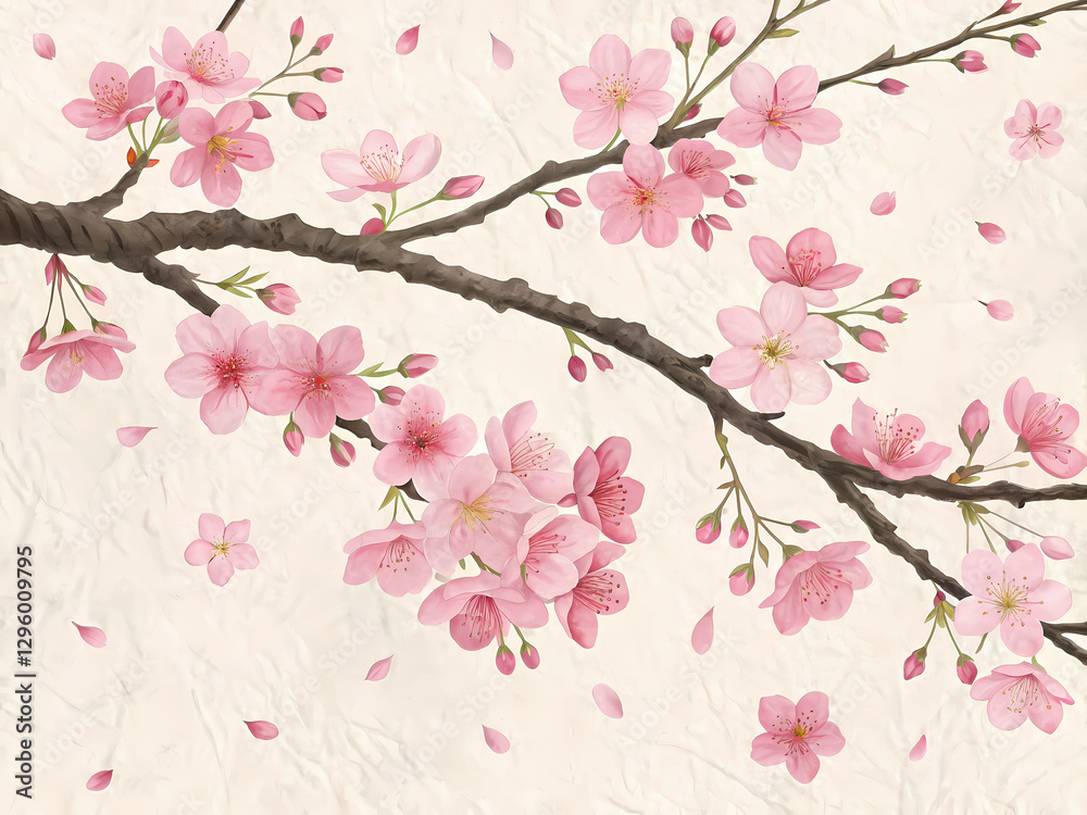 Fototapeta premium Branch of cherry blossoms delicately bloom, creating happy and vibrant display against neutral backdrop