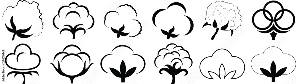 Fototapeta premium Vector Flat Cotton Icon Set. Minimalist cotton plant symbols in modern style. Soft organic fiber illustrations for textile, fabric, eco-friendly fashion, agriculture, and natural products.