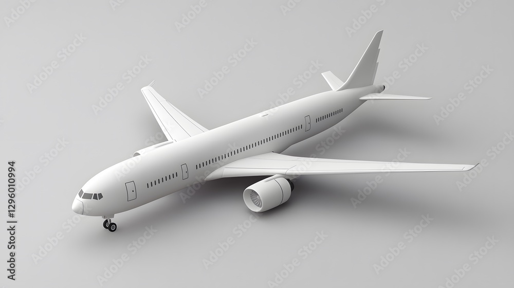 A white airplane resting on a neutral gray colored background A white airplane resting on a neutral gray colored background