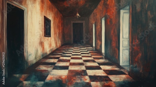 不気味なホテルの市松模様の床_1