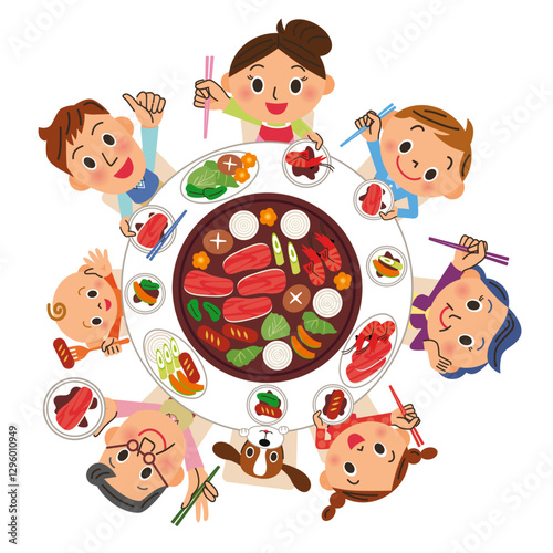 上から食卓で焼肉を食べるシーンを三世代家族で楽しんでいる