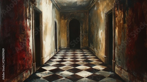 不気味なホテルの市松模様の床_3