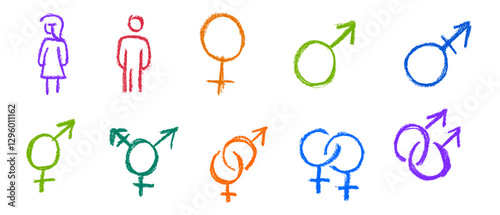 Gender Related Symbols and Icons Crayon Chalk Drawing Vector Set