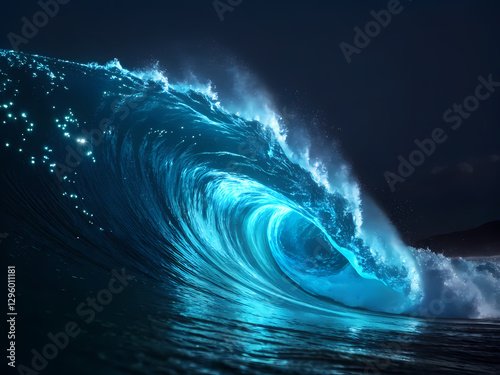 radiant blue wave crests with energetic motion, displaying captivating light effect, creating futuristic spectacle