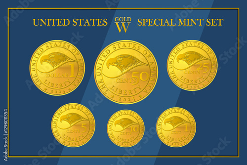 Vector united states special mint set of gold coins or tokens with denomination cent, five, ten, 25, 50 and dollar. Reverse. 2025. Collection golden medals.