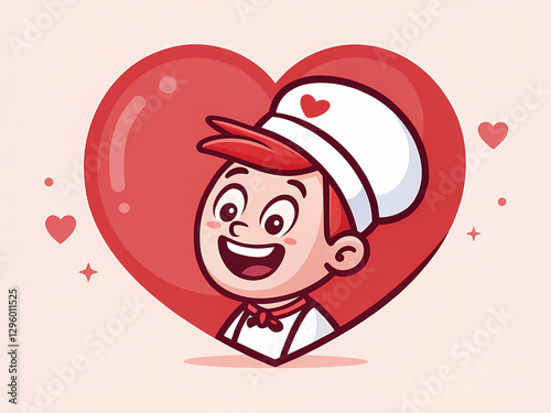 cheerful cartoon baker boy, radiating joy, stands before heart shape, symbolizing love and sweetness with its rosy red hue