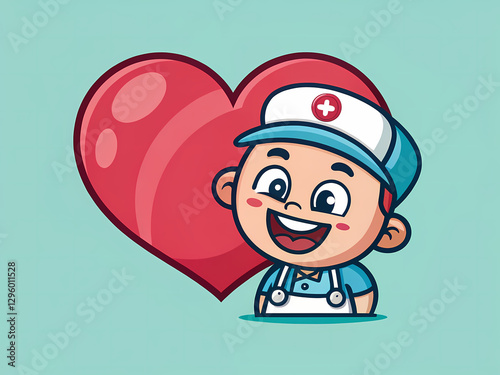 cheerful cartoon nurse stands beside large heart, radiating happiness and health in this sweet design
