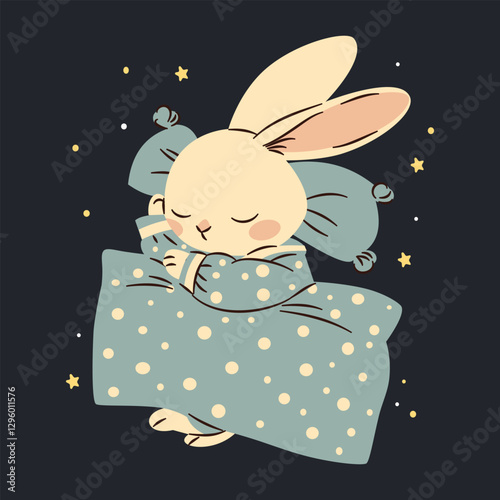 Flat vector illustration in a simple children's style. Cute bunny in blue pajamas sleeping on a pillow. Dark background and stars. Vector illustration