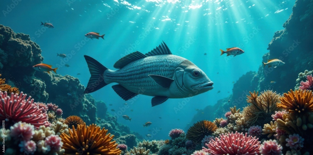 Fototapeta premium School of fish swimming in ocean, with large flat fish in the center, surrounded by seaweed and coral , sea creatures, marine life, school