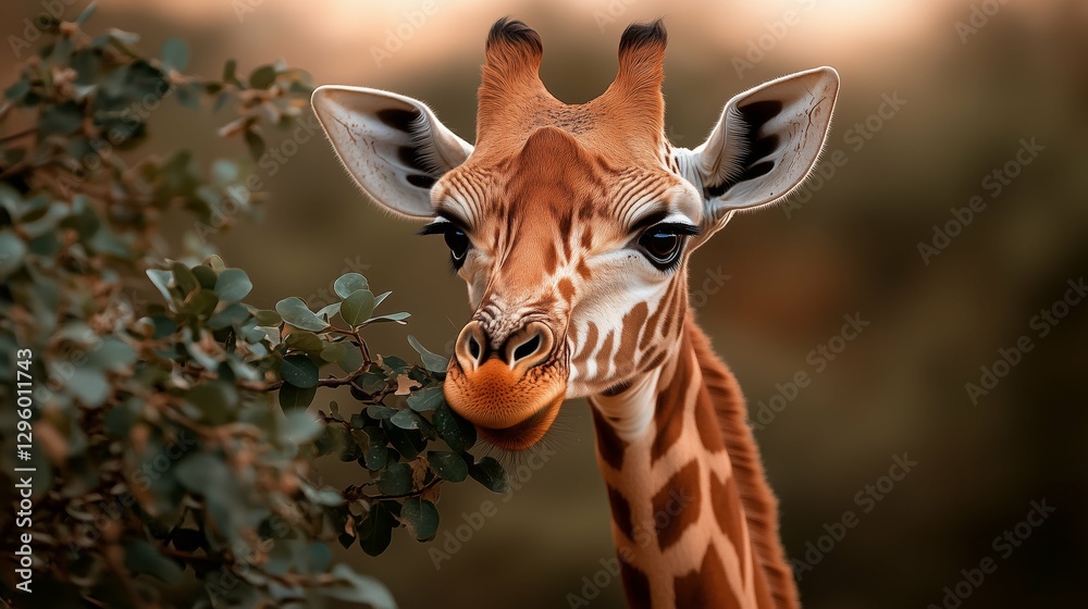 Obraz premium Giraffe headshot eating leaves in the wild, close-up animal wildlife shot.