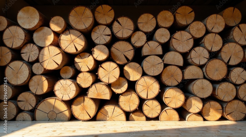 A Wall of Sunlit Wooden Logs, Stacked High, Showing the Beautiful Grain and Texture of Nature's Resource A Wall of Sunlit Wooden Logs, Stacked High, Showing the Beautiful Grain and Texture of Nature's Resource