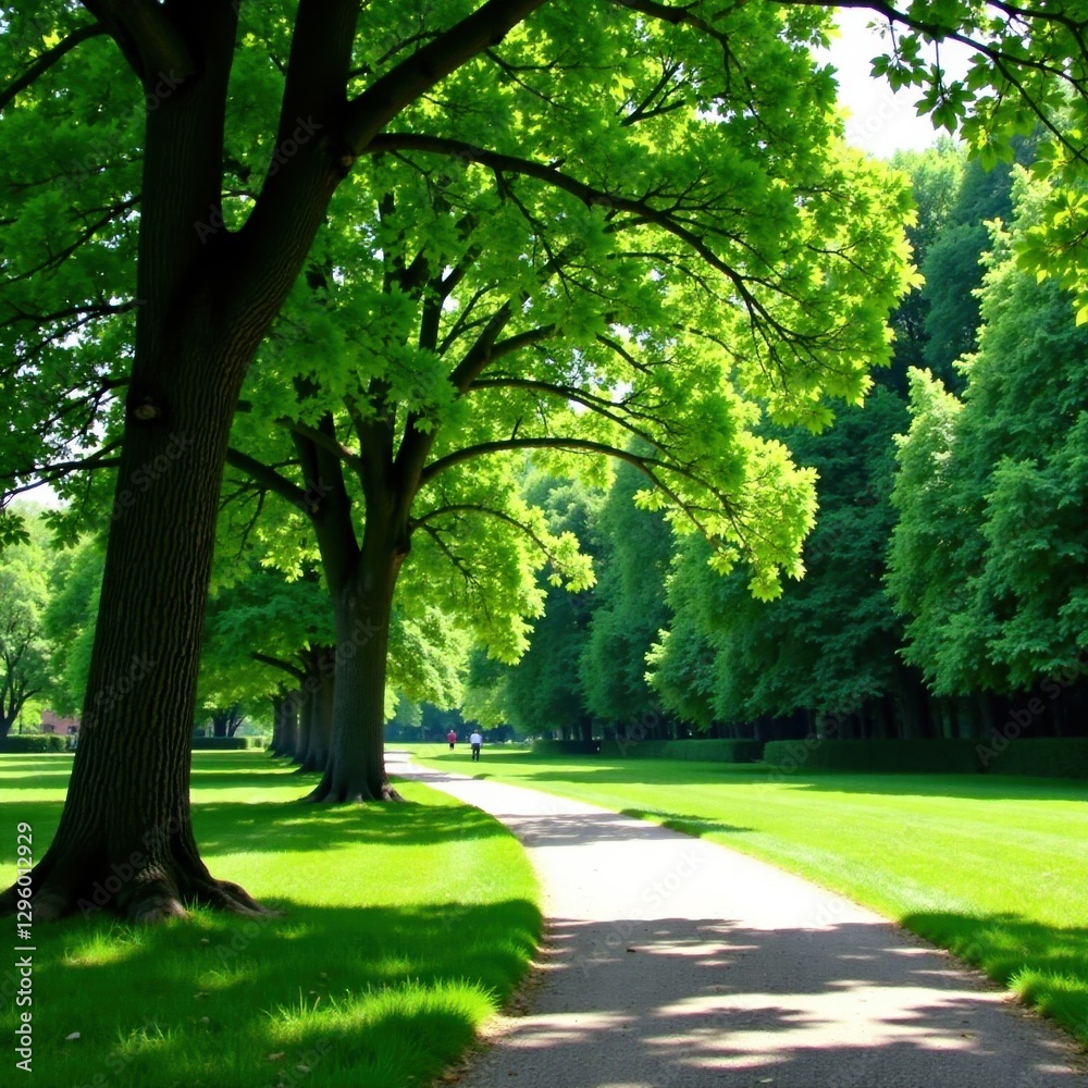 Serene park landscape with mature trees and a meandering walking path, landscape, greenery, tree Serene park landscape with mature trees and a meandering walking path, landscape, greenery, tree