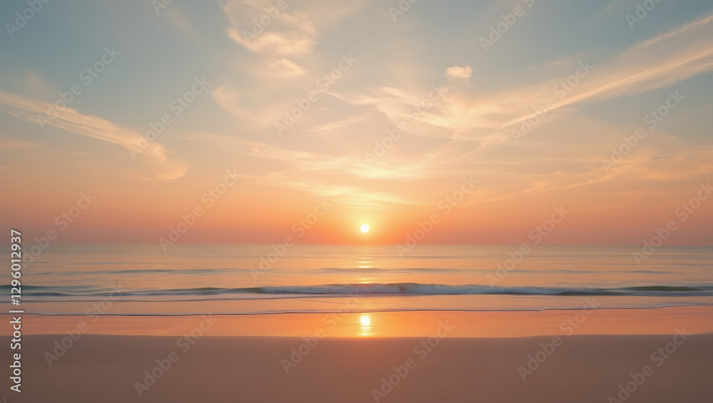 Obraz premium Dreamy Sunset Beach – A Serene Ocean View with Soft Pastel Hues of Pink, Orange, and Blue, Gentle Waves on a Smooth Sandy Shore, and a Breathtaking Golden Sun Reflecting Over the Calm Water