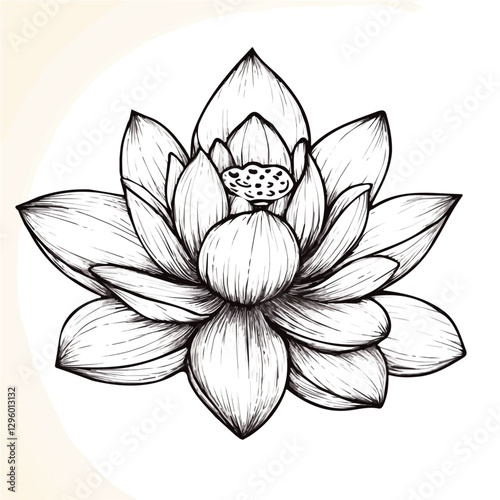 Lotus flower minimalist 2D vector graphic illustration sketch on a white background.

