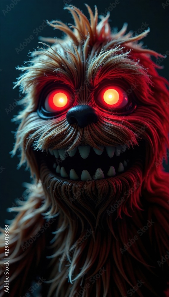 Shaggy monster's close-up face with bright red eyes in a dark setting, darkness, creature, mysterious Shaggy monster's close-up face with bright red eyes in a dark setting, darkness, creature, mysterious
